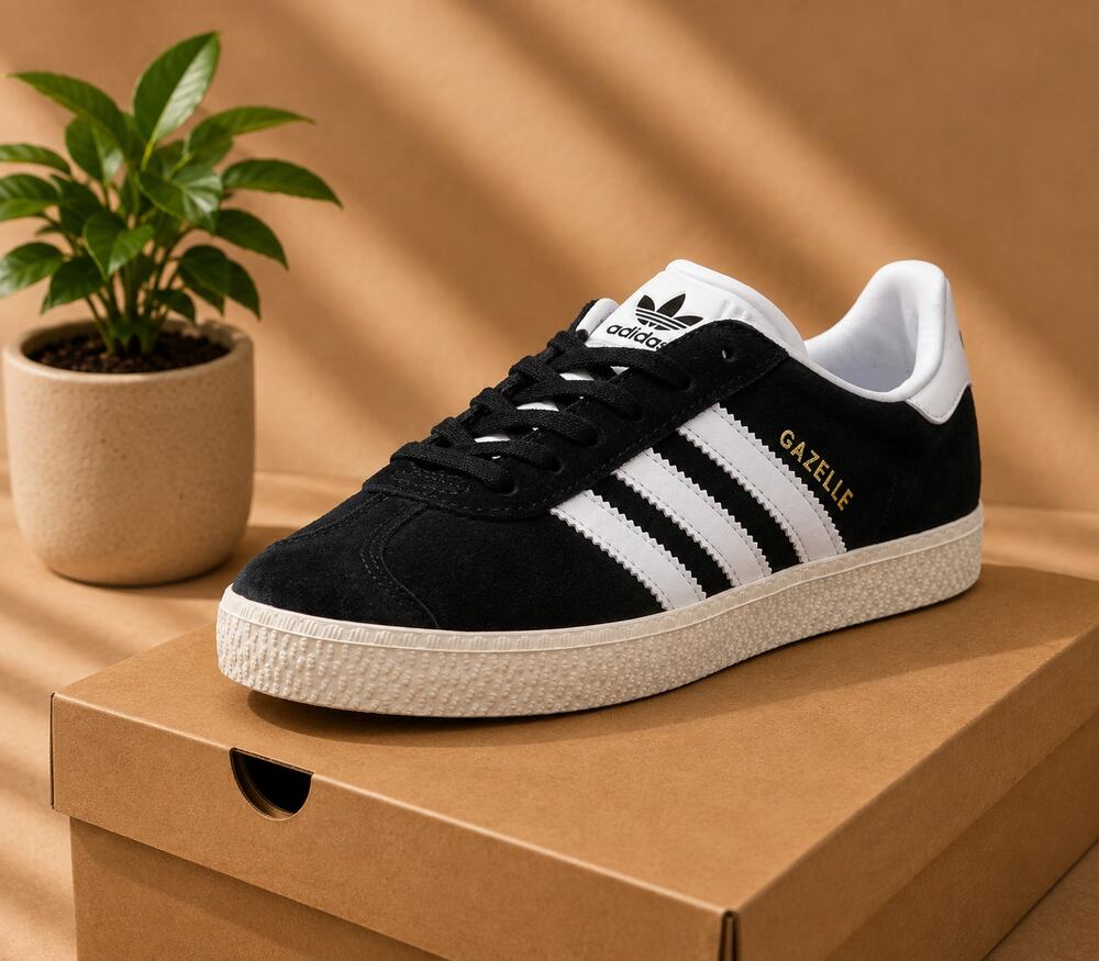 NWT Adidas Unisex Kids Originals Gazelle Black/White/Gold-SZ 6.5 Big Kids